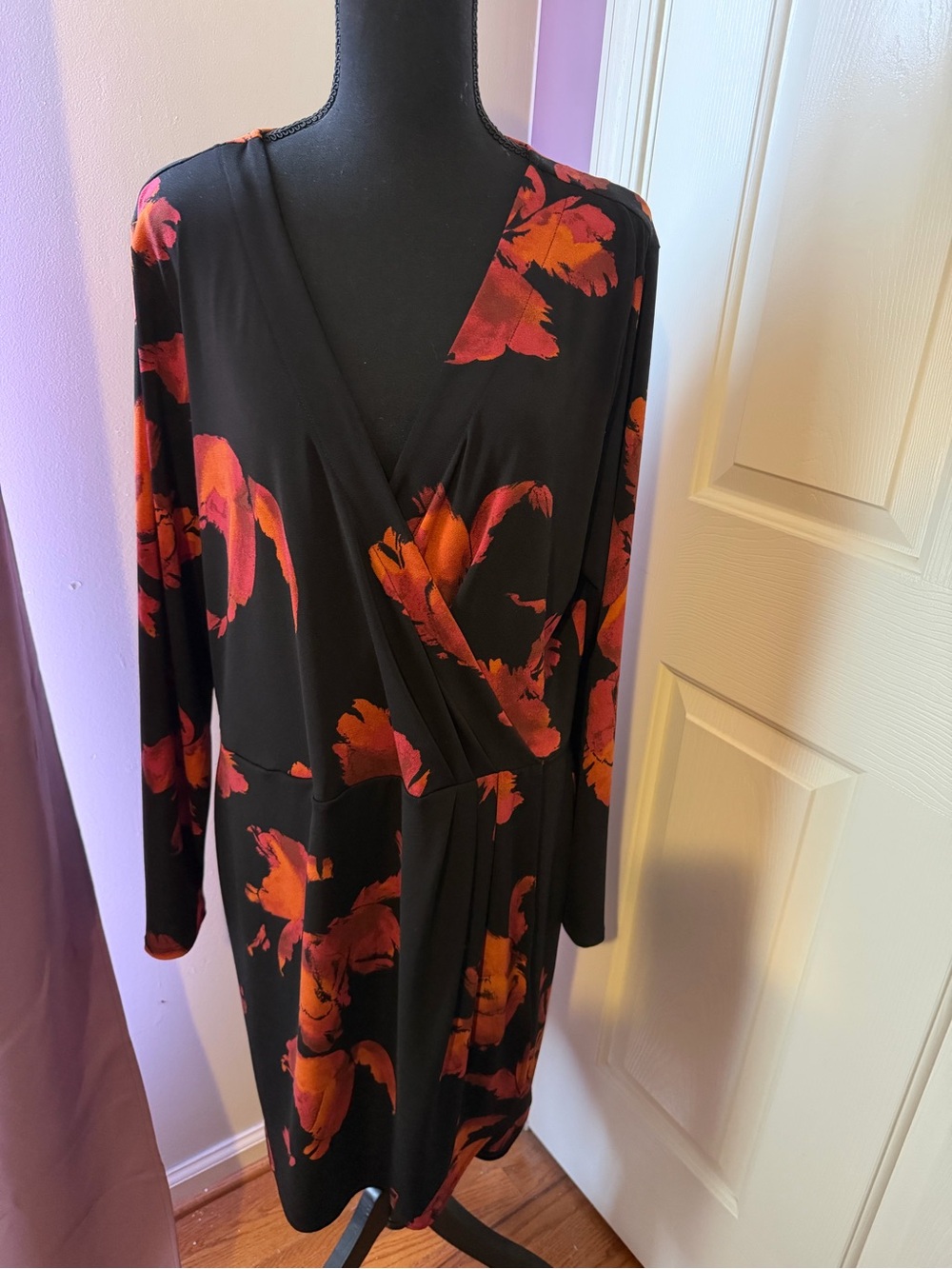 Nine West Black Red Orange Floral Wrap-Style Dress XXL